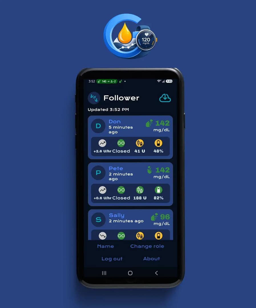 GlucoGlanceTwiist Summary screen, owner card plus follower card